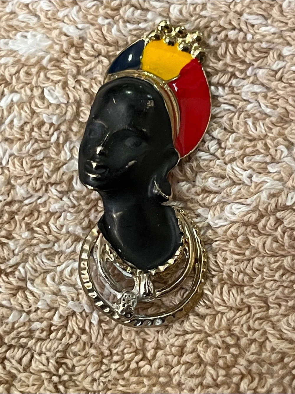 Afrocentric Statement Brooch in Black with Red, Yellow & Blue Headwrap